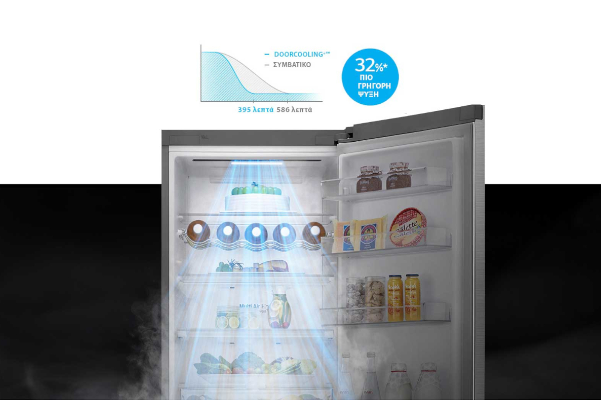 Λήψη του εσωτερικού του ψυγείου που δείχνει το door cooling και τονίζει την 32% πιο γρήγορη ψύξη